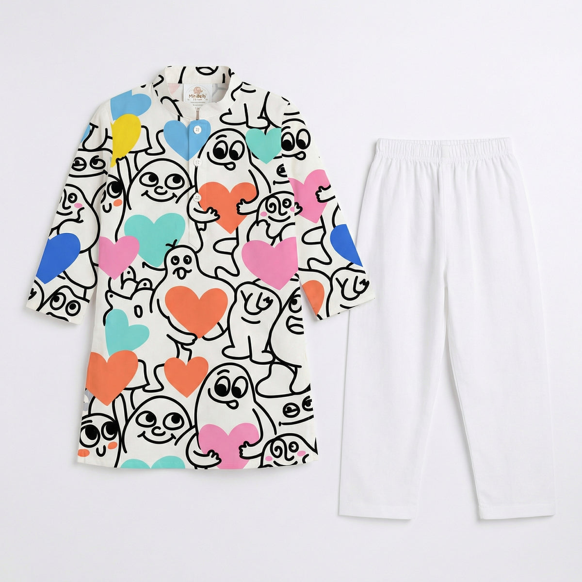 MiniBelly Kurta Pajama Set Playful doodle cartoon monsters holding colorful hearts on cream background 100% Cotton - minibelly