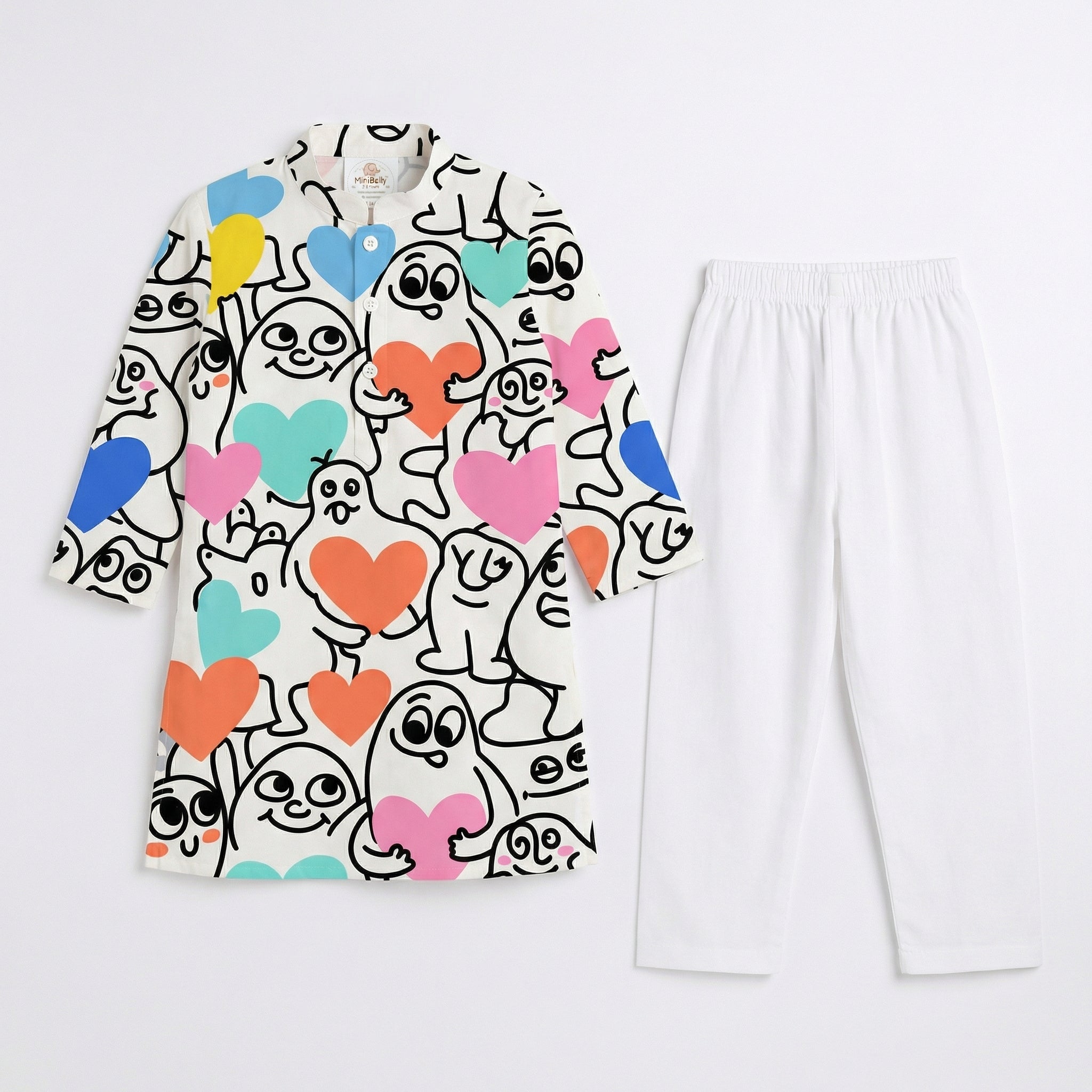 MiniBelly Kurta Pajama Set Playful doodle cartoon monsters holding colorful hearts on cream background 100% Cotton - minibelly