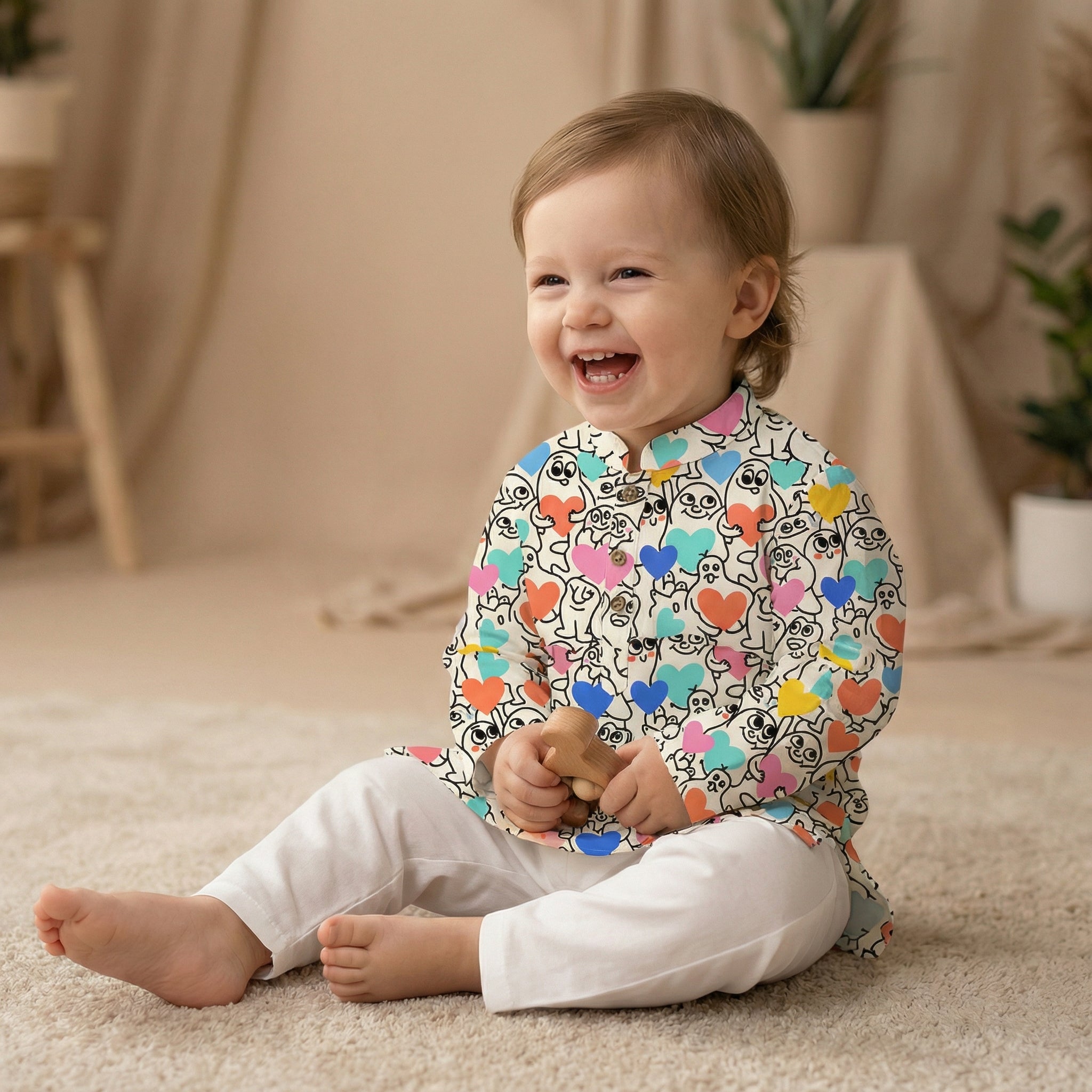 MiniBelly Kurta Pajama Set Playful doodle cartoon monsters holding colorful hearts on cream background 100% Cotton - minibelly