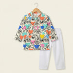 MiniBelly Kurta Pajama Set Playful doodle cartoon monsters holding colorful hearts on cream background 100% Cotton - minibelly