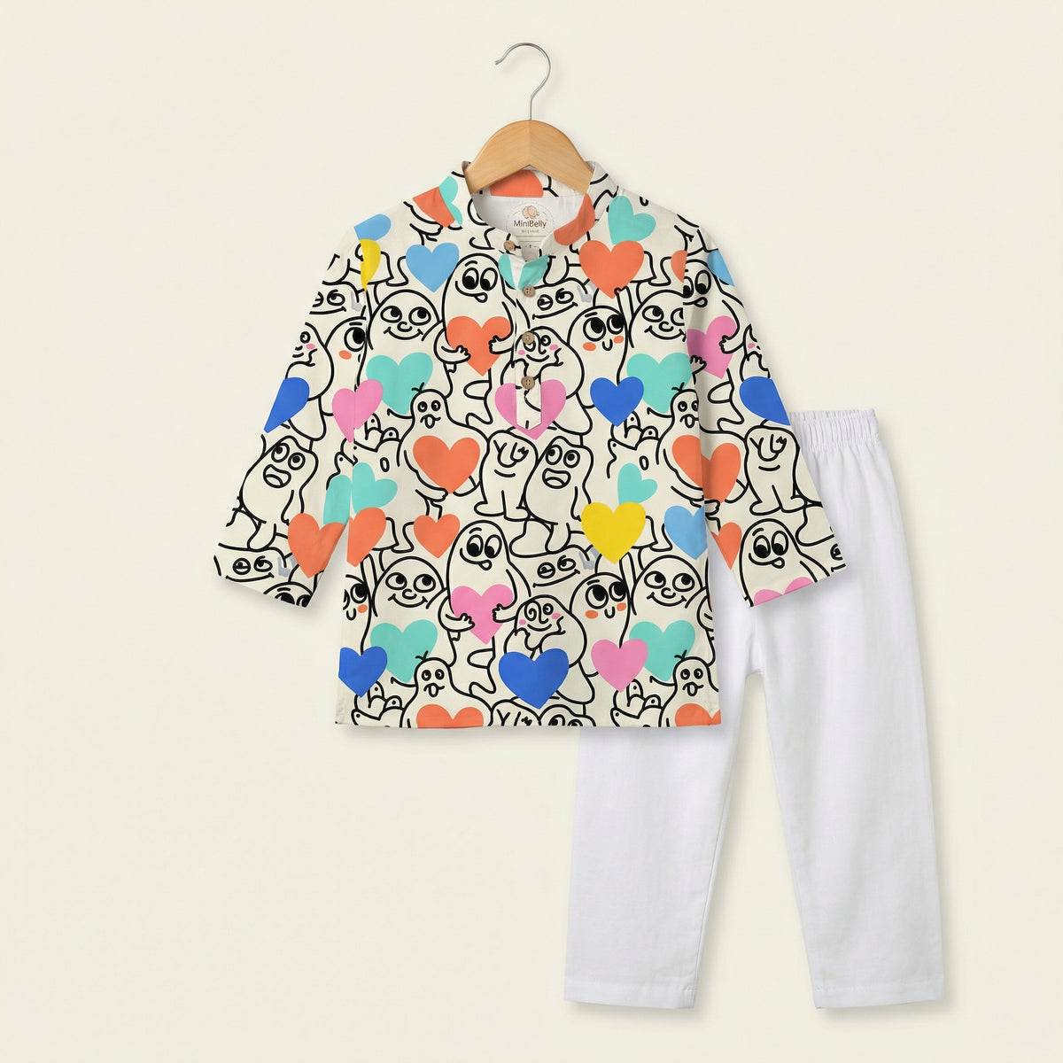 MiniBelly Kurta Pajama Set Playful doodle cartoon monsters holding colorful hearts on cream background 100% Cotton - minibelly