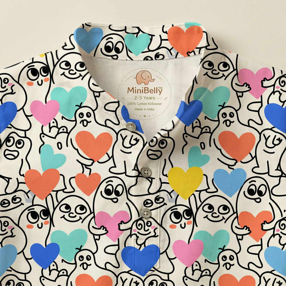 MiniBelly Kurta Pajama Set Playful doodle cartoon monsters holding colorful hearts on cream background 100% Cotton - minibelly