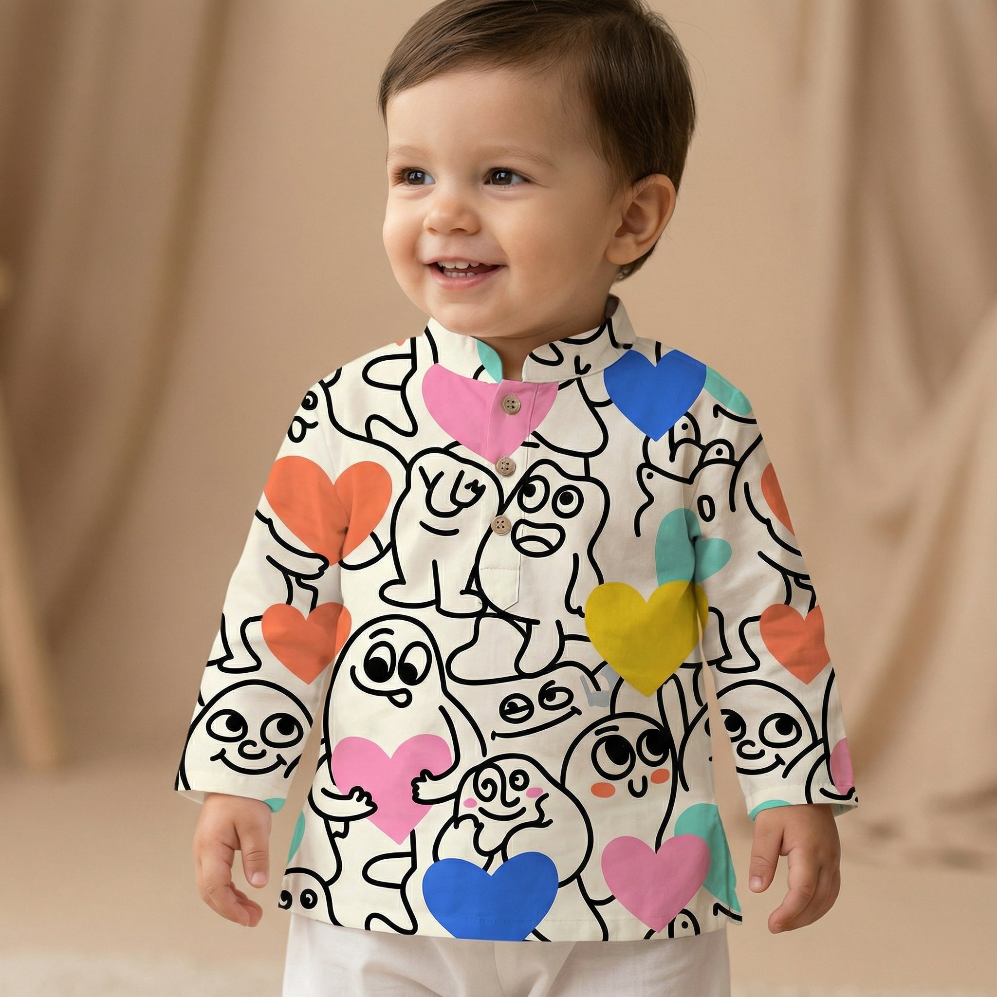 MiniBelly Kurta Pajama Set Playful doodle cartoon monsters holding colorful hearts on cream background 100% Cotton - minibelly