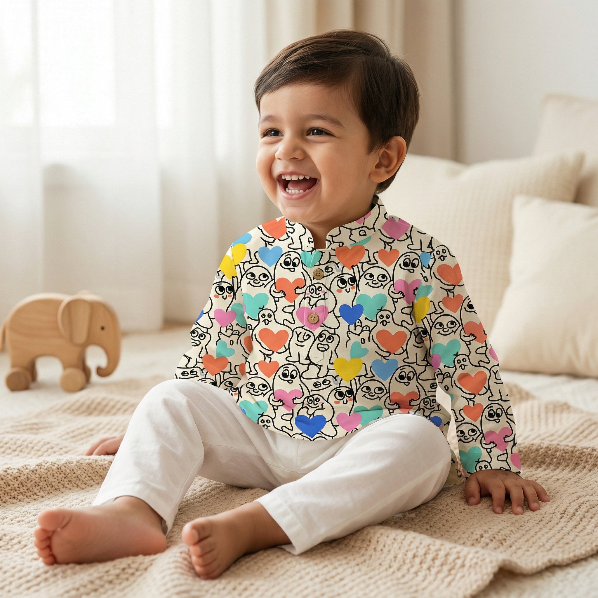 MiniBelly Kurta Pajama Set Playful doodle cartoon monsters holding colorful hearts on cream background 100% Cotton - minibelly