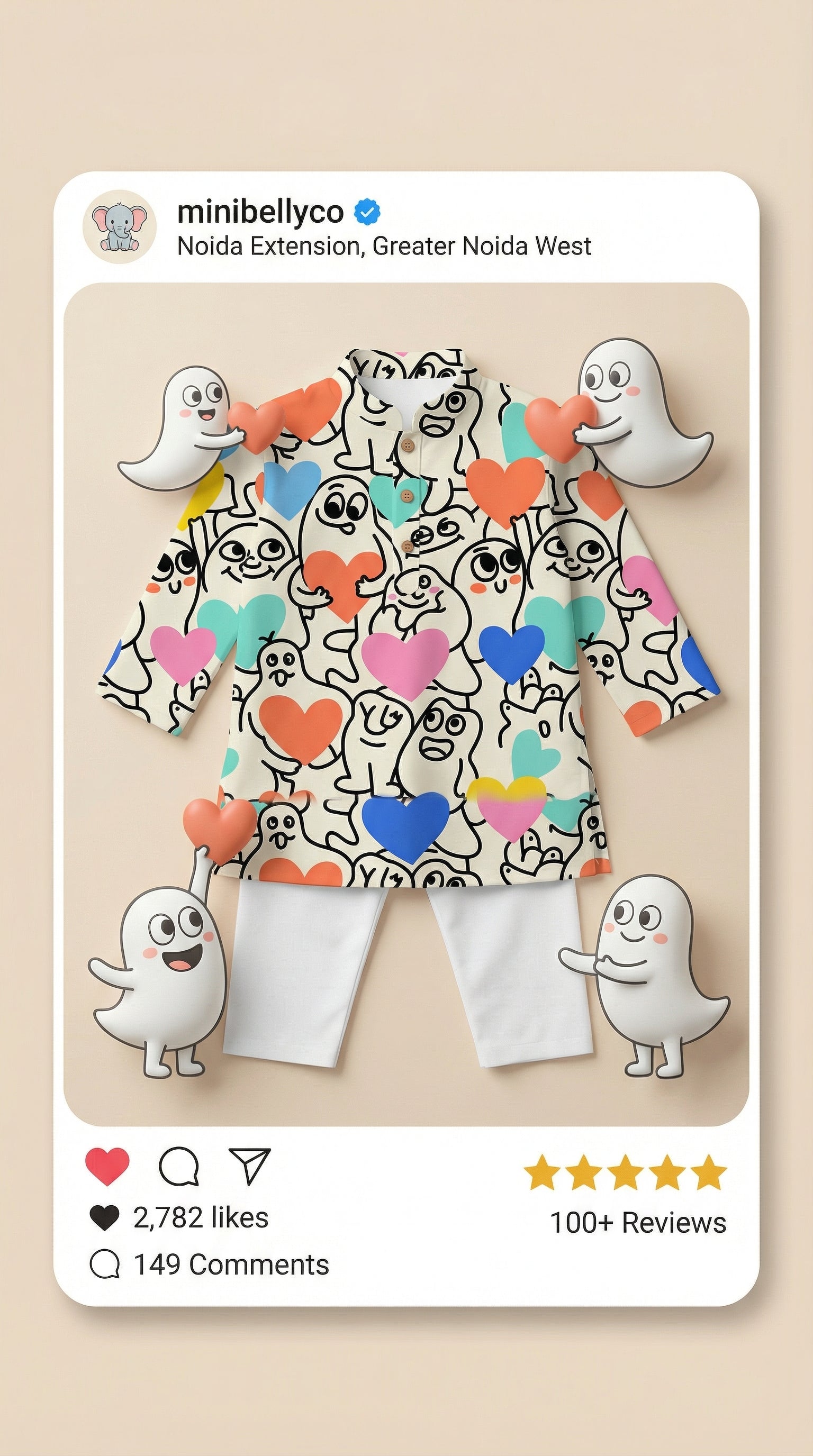 MiniBelly Kurta Pajama Set Playful doodle cartoon monsters holding colorful hearts on cream background 100% Cotton - minibelly