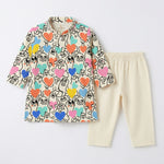 MiniBelly Kurta Pajama Set Playful doodle cartoon monsters holding colorful hearts on cream background 100% Cotton - minibelly
