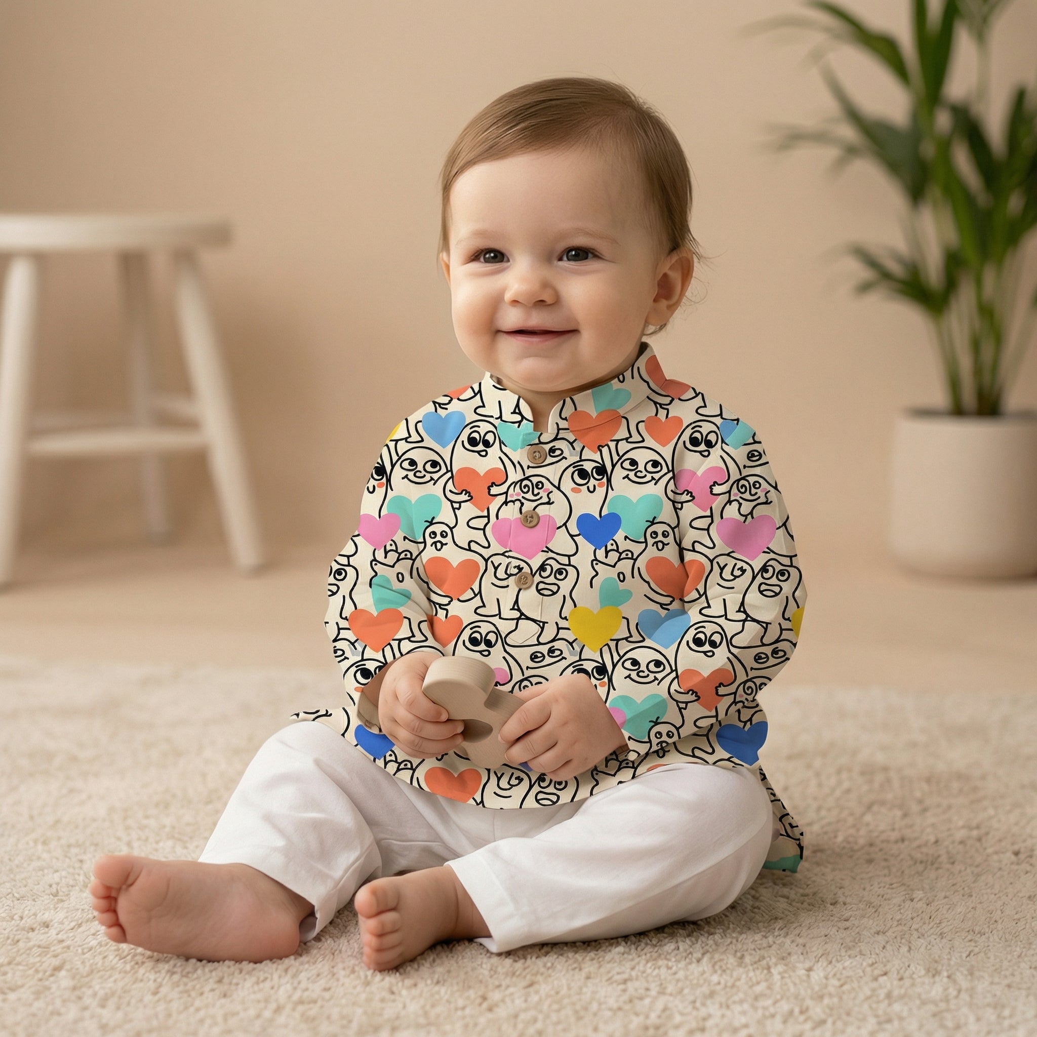 MiniBelly Kurta Pajama Set Playful doodle cartoon monsters holding colorful hearts on cream background 100% Cotton - minibelly