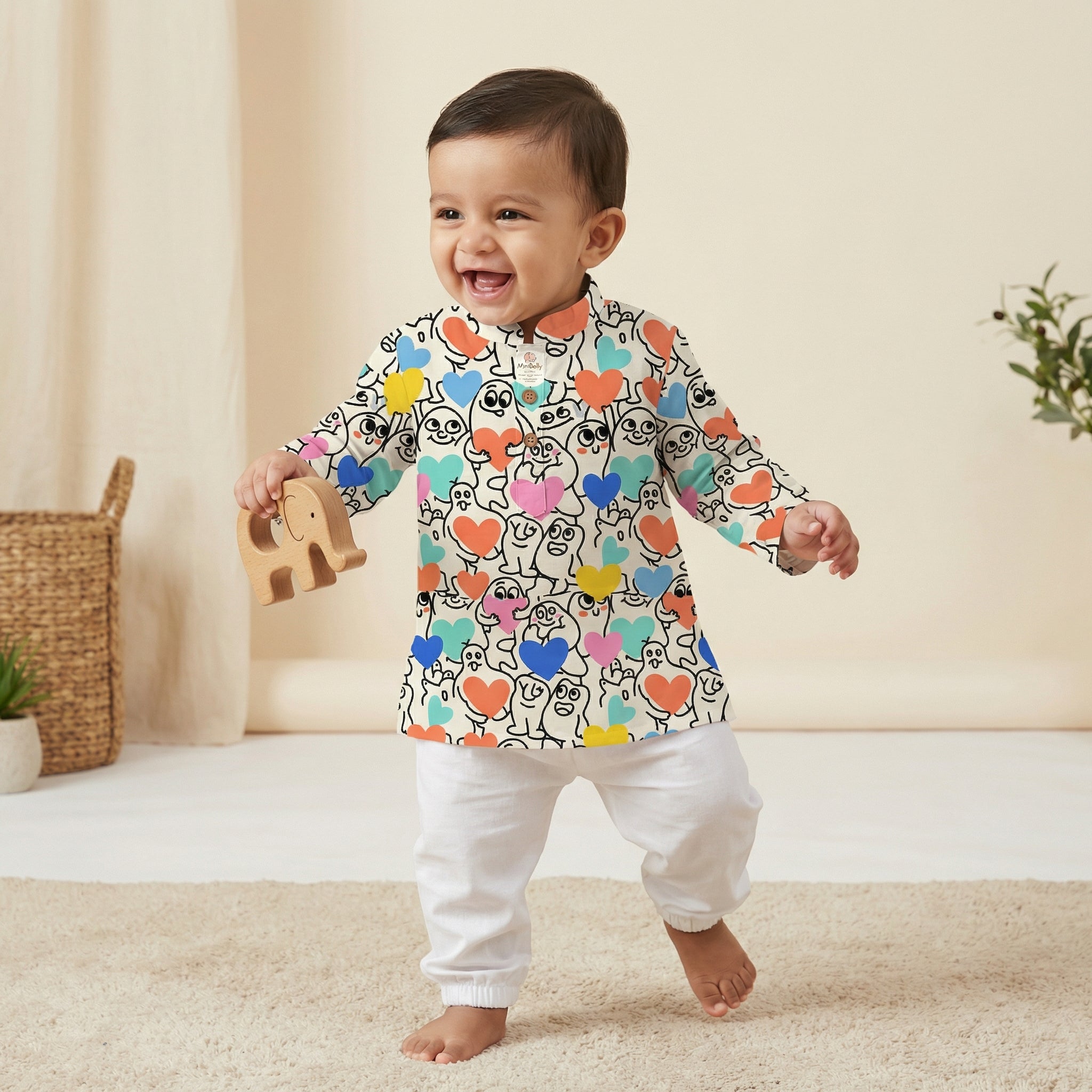 MiniBelly Kurta Pajama Set Playful doodle cartoon monsters holding colorful hearts on cream background 100% Cotton - minibelly
