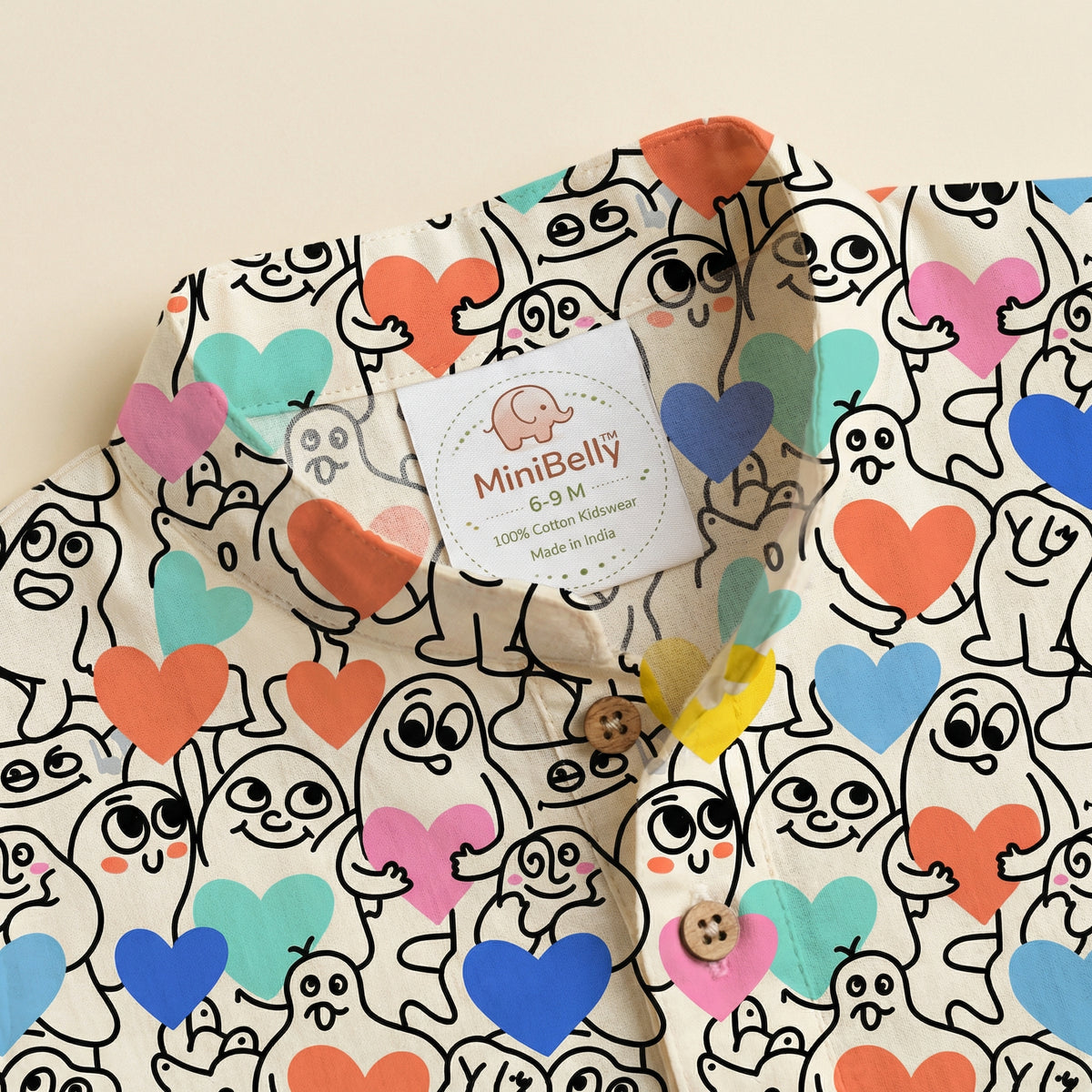 MiniBelly Kurta Pajama Set Playful doodle cartoon monsters holding colorful hearts on cream background 100% Cotton - minibelly