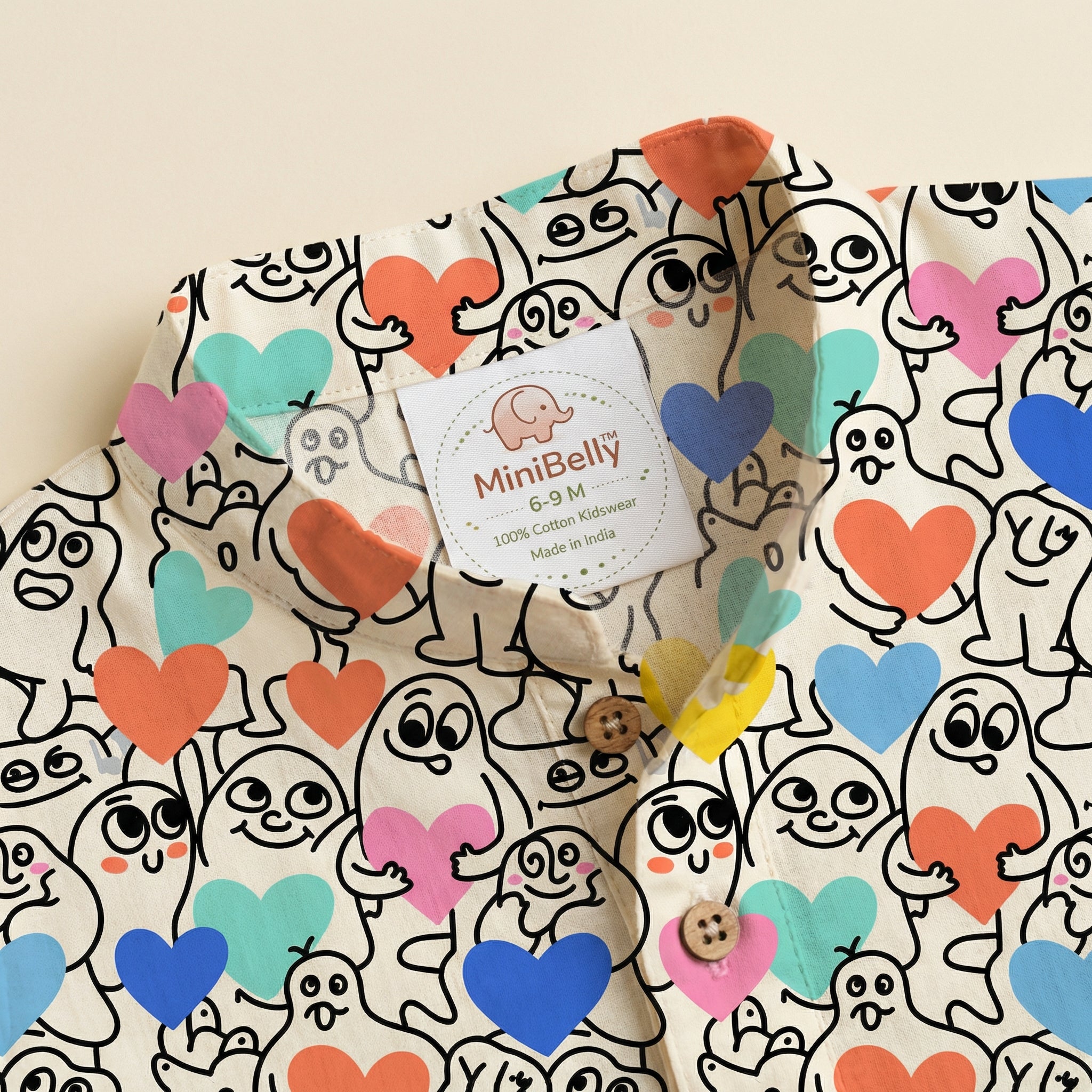 MiniBelly Kurta Pajama Set Playful doodle cartoon monsters holding colorful hearts on cream background 100% Cotton - minibelly