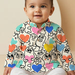 MiniBelly Kurta Pajama Set Playful doodle cartoon monsters holding colorful hearts on cream background 100% Cotton - minibelly