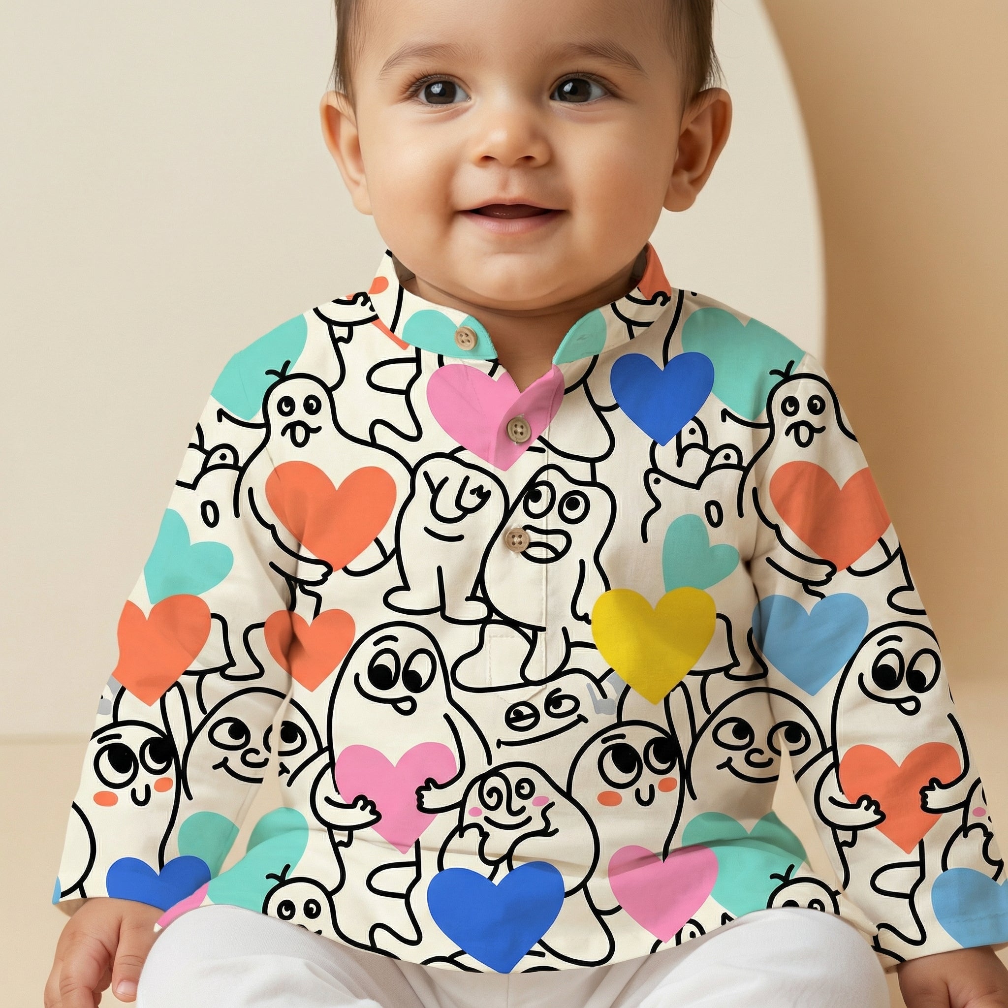 MiniBelly Kurta Pajama Set Playful doodle cartoon monsters holding colorful hearts on cream background 100% Cotton - minibelly