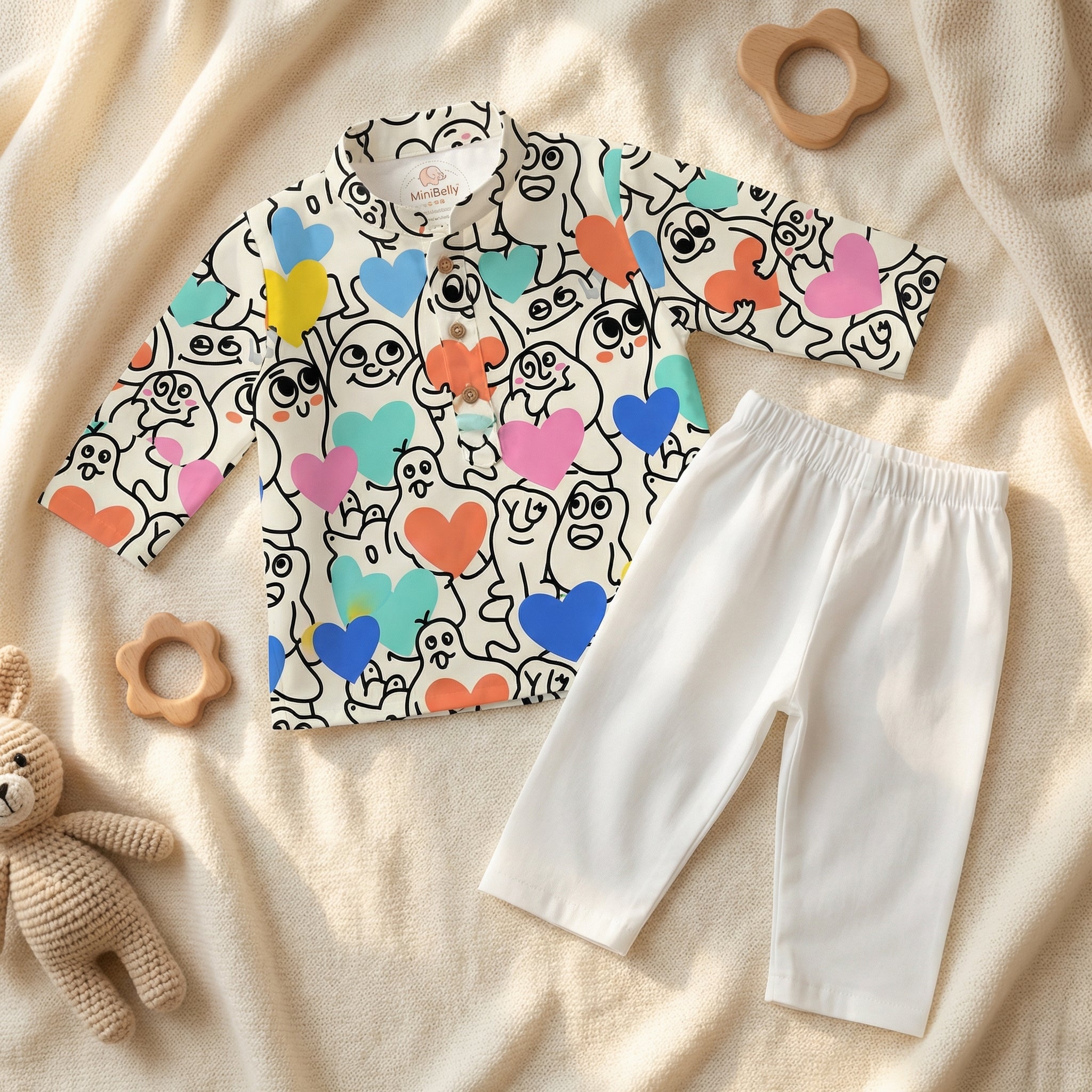 MiniBelly Kurta Pajama Set Playful doodle cartoon monsters holding colorful hearts on cream background 100% Cotton - minibelly