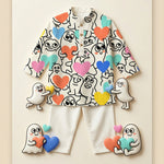 MiniBelly Kurta Pajama Set Playful doodle cartoon monsters holding colorful hearts on cream background 100% Cotton - minibelly