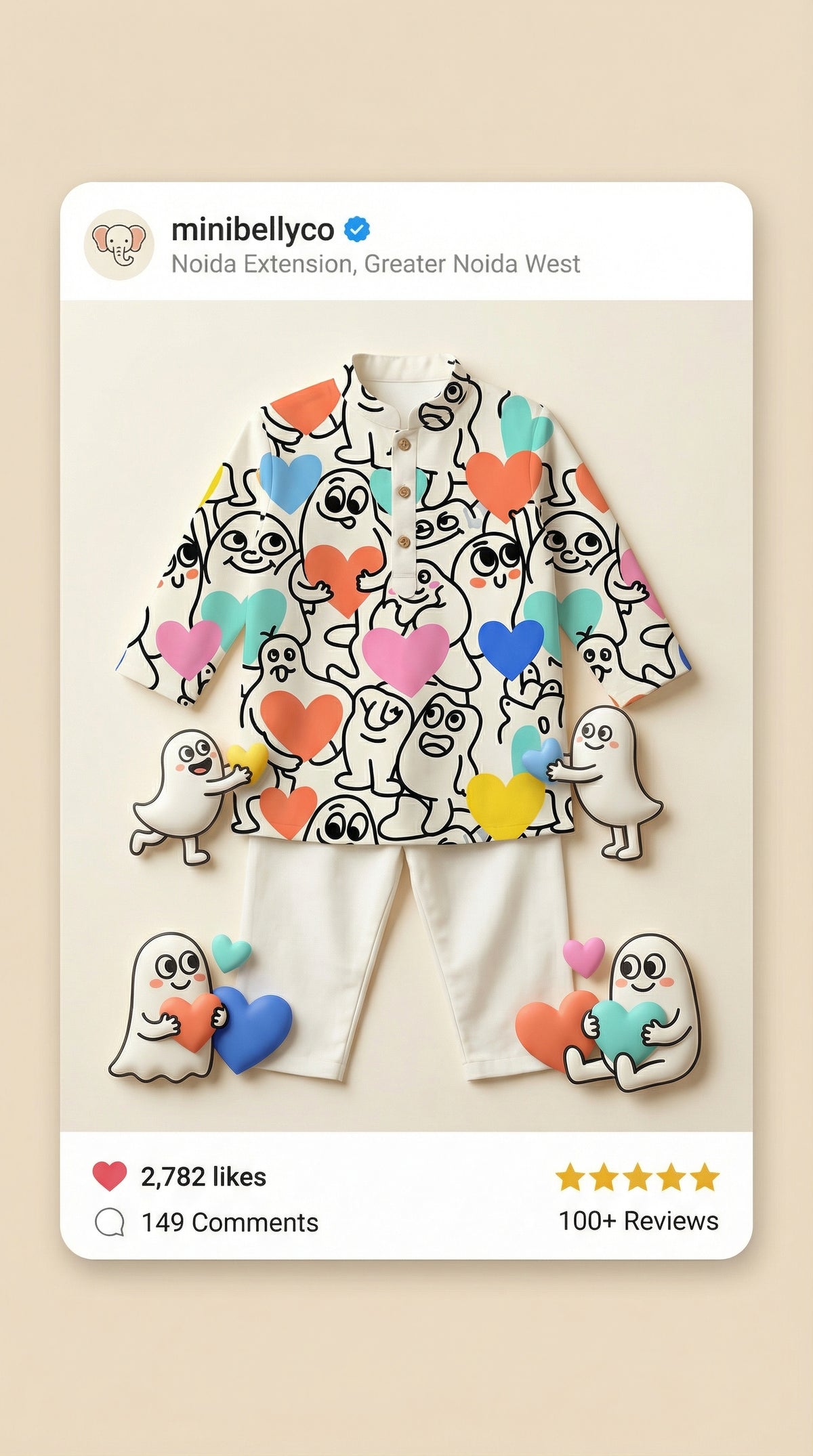 MiniBelly Kurta Pajama Set Playful doodle cartoon monsters holding colorful hearts on cream background 100% Cotton - minibelly