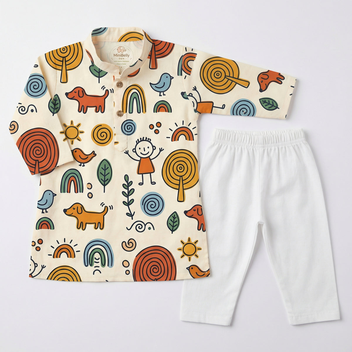 MiniBelly Kurta Pajama Set Whimsical hand-drawn doodle pattern featuring kids, animals, and nature elements 100% Cotton - minibelly