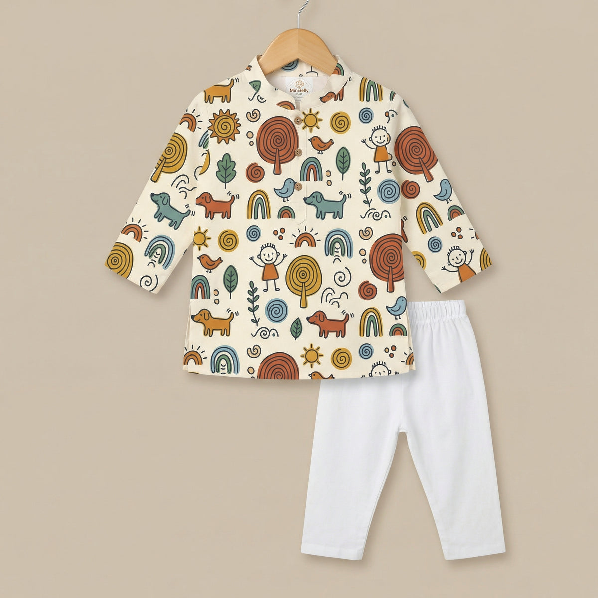 MiniBelly Kurta Pajama Set Whimsical hand-drawn doodle pattern featuring kids, animals, and nature elements 100% Cotton - minibelly
