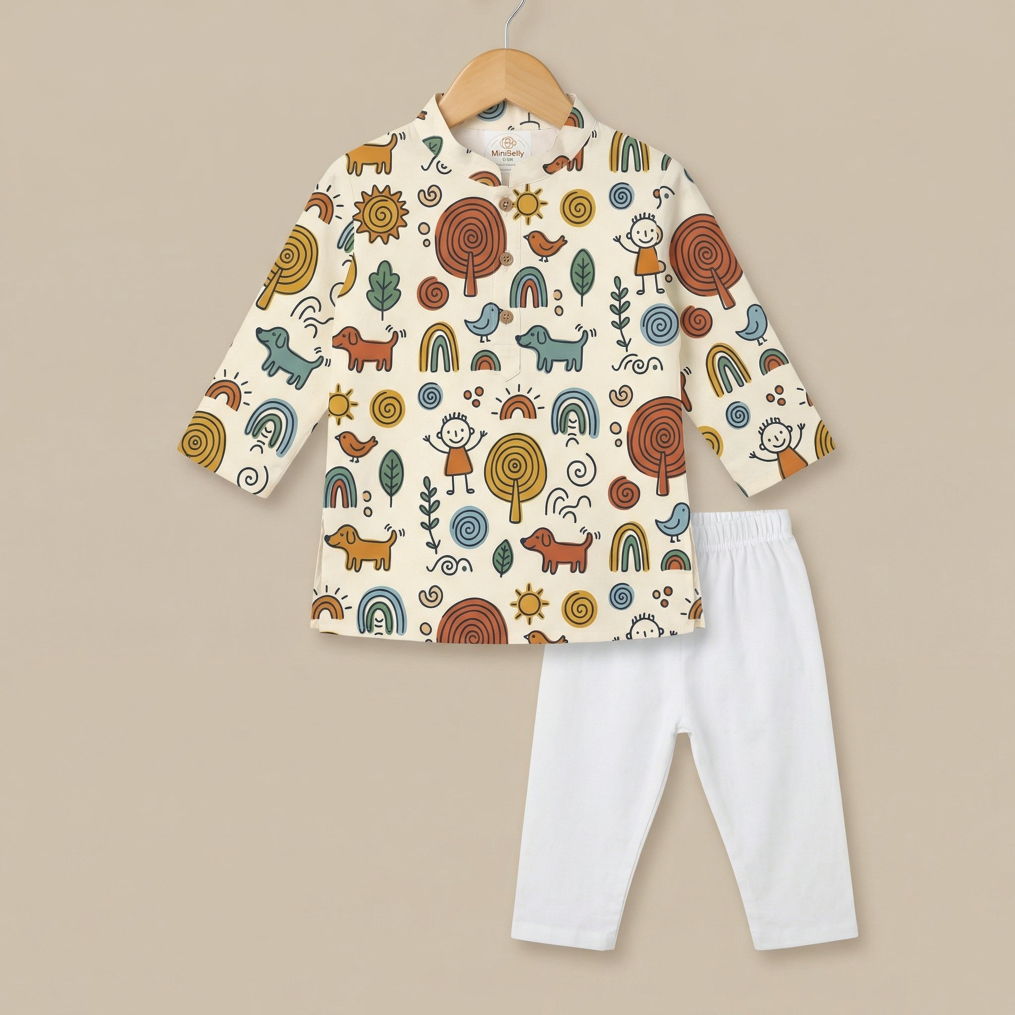 MiniBelly Kurta Pajama Set Whimsical hand-drawn doodle pattern featuring kids, animals, and nature elements 100% Cotton - minibelly