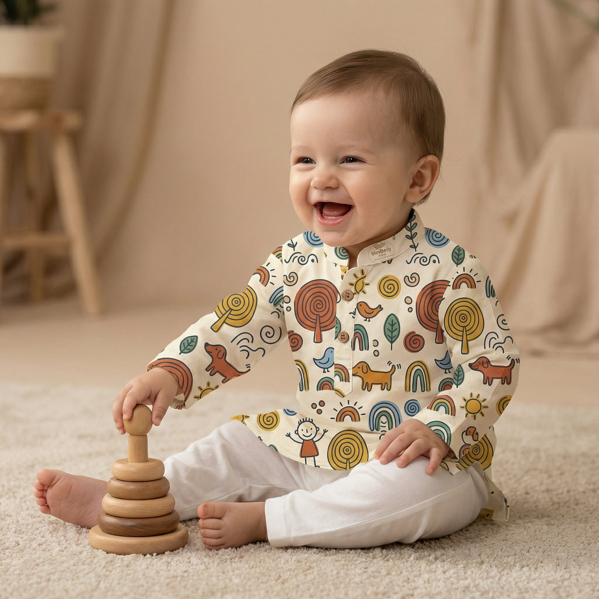 MiniBelly Kurta Pajama Set Whimsical hand-drawn doodle pattern featuring kids, animals, and nature elements 100% Cotton - minibelly