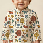 MiniBelly Kurta Pajama Set Whimsical hand-drawn doodle pattern featuring kids, animals, and nature elements 100% Cotton - minibelly