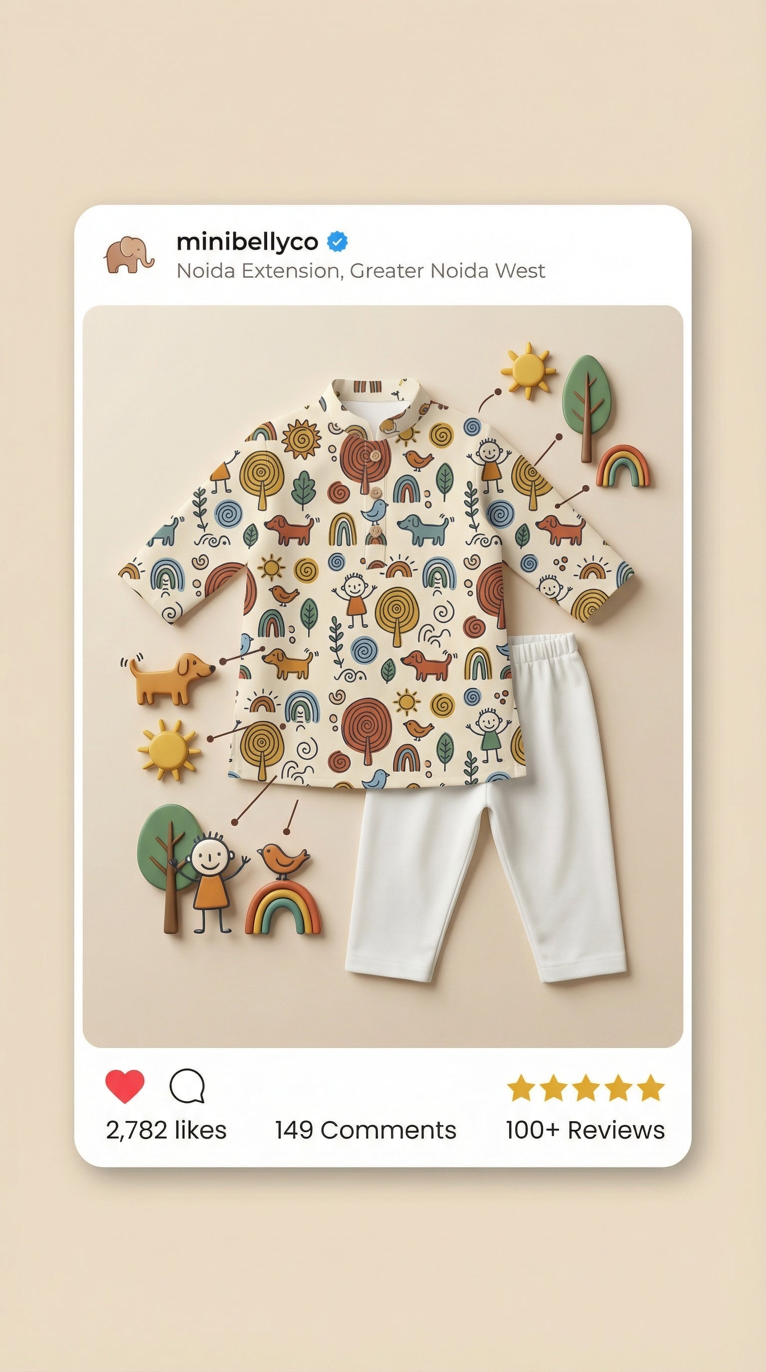 MiniBelly Kurta Pajama Set Whimsical hand-drawn doodle pattern featuring kids, animals, and nature elements 100% Cotton - minibelly