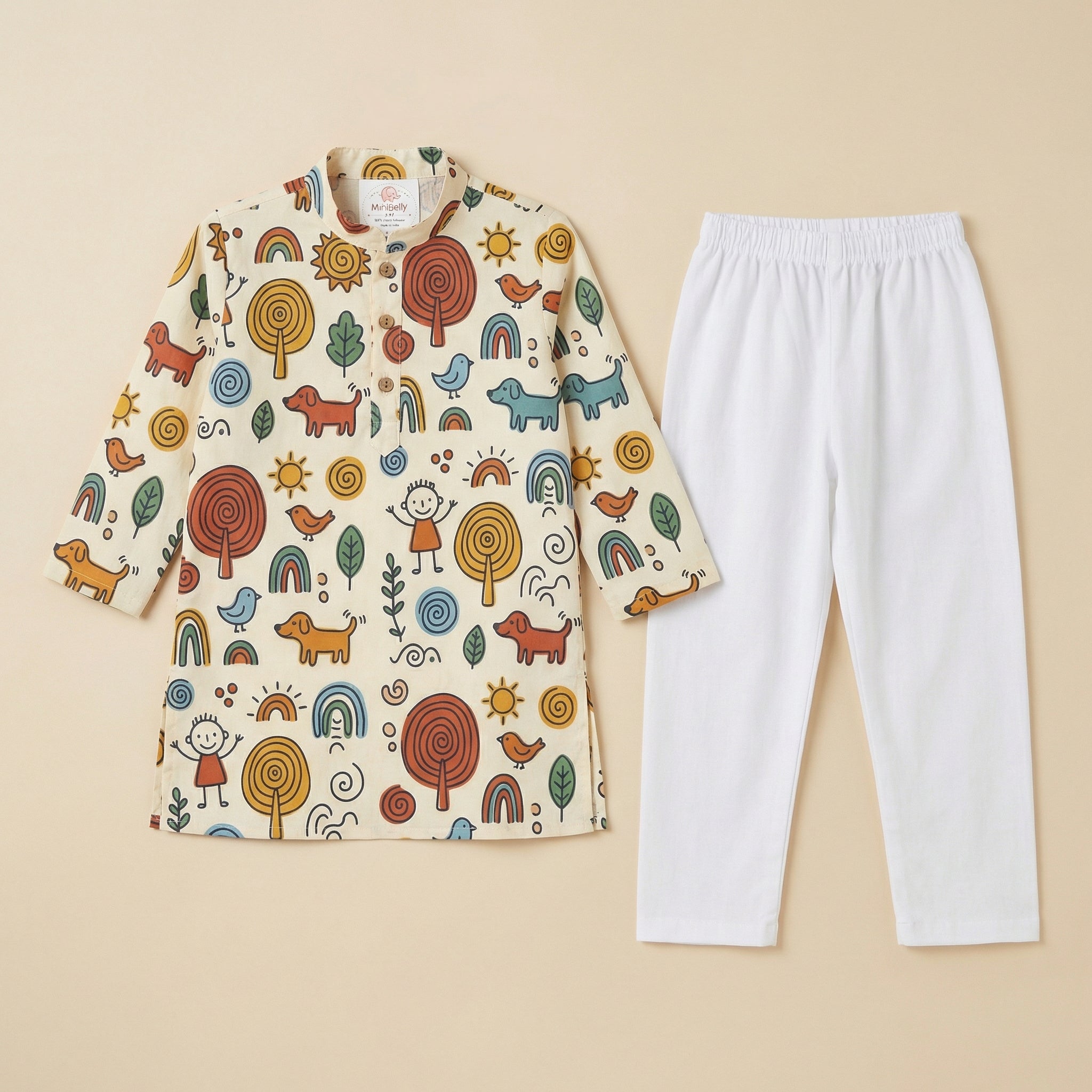 MiniBelly Kurta Pajama Set Whimsical hand-drawn doodle pattern featuring kids, animals, and nature elements 100% Cotton - minibelly