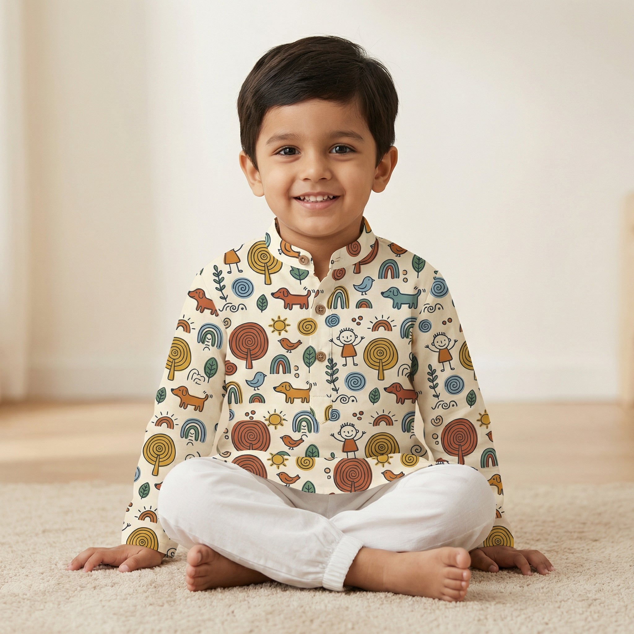MiniBelly Kurta Pajama Set Whimsical hand-drawn doodle pattern featuring kids, animals, and nature elements 100% Cotton - minibelly