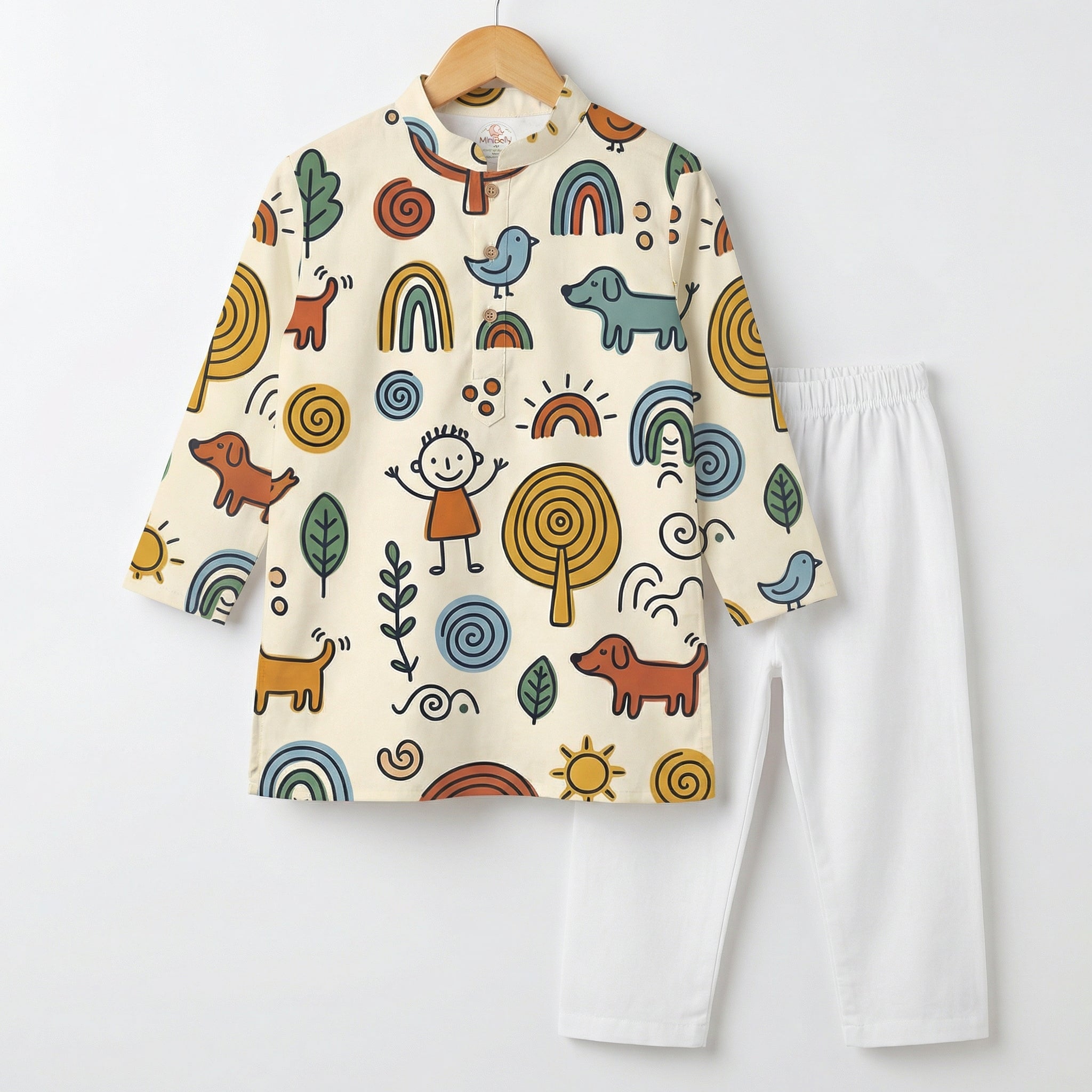 MiniBelly Kurta Pajama Set Whimsical hand-drawn doodle pattern featuring kids, animals, and nature elements 100% Cotton - minibelly
