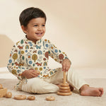 MiniBelly Kurta Pajama Set Whimsical hand-drawn doodle pattern featuring kids, animals, and nature elements 100% Cotton - minibelly