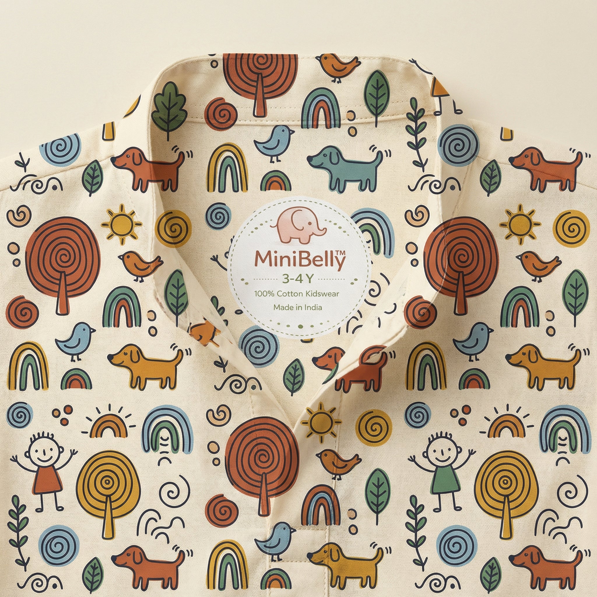 MiniBelly Kurta Pajama Set Whimsical hand-drawn doodle pattern featuring kids, animals, and nature elements 100% Cotton - minibelly