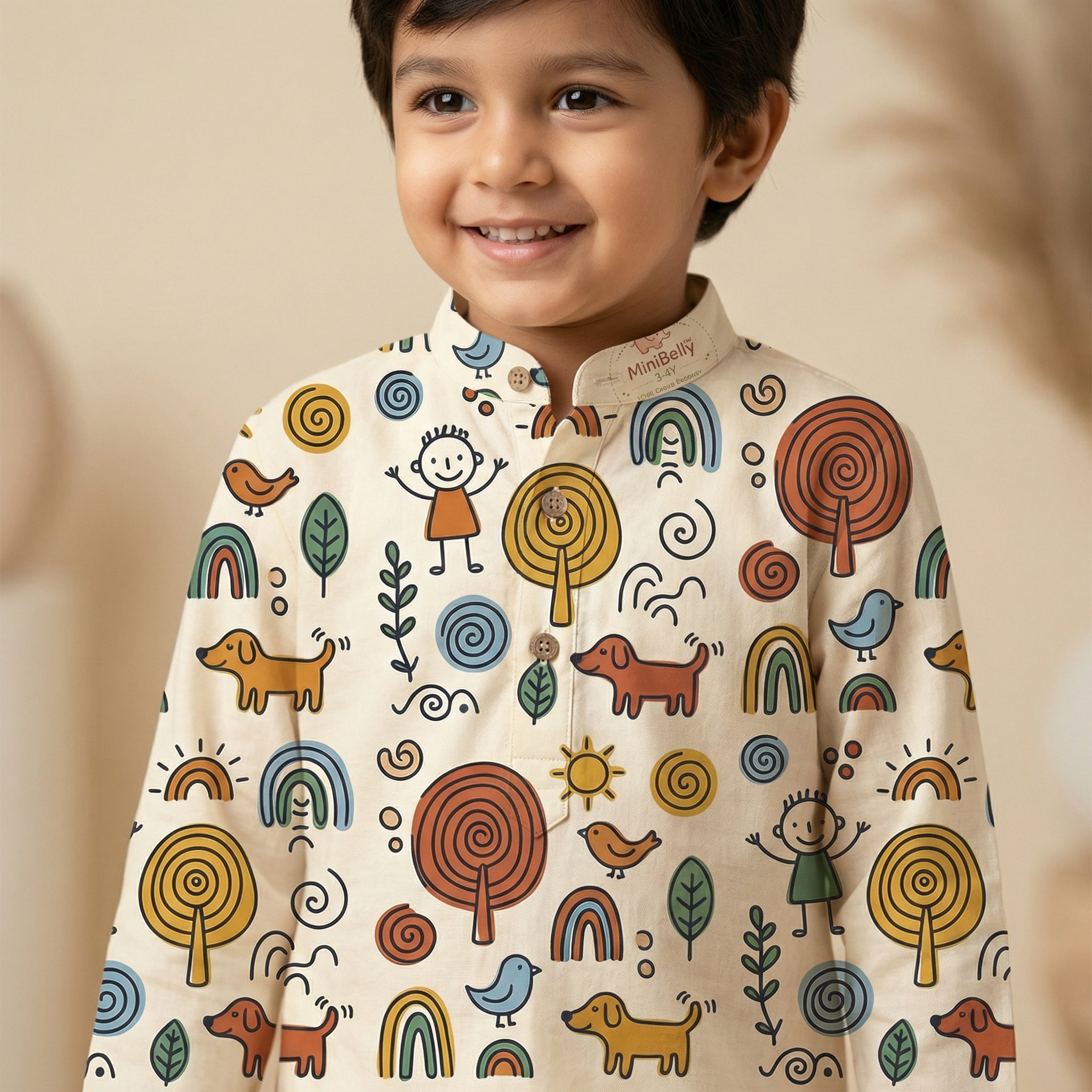 MiniBelly Kurta Pajama Set Whimsical hand-drawn doodle pattern featuring kids, animals, and nature elements 100% Cotton - minibelly