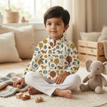 MiniBelly Kurta Pajama Set Whimsical hand-drawn doodle pattern featuring kids, animals, and nature elements 100% Cotton - minibelly