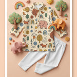 MiniBelly Kurta Pajama Set Whimsical hand-drawn doodle pattern featuring kids, animals, and nature elements 100% Cotton - minibelly