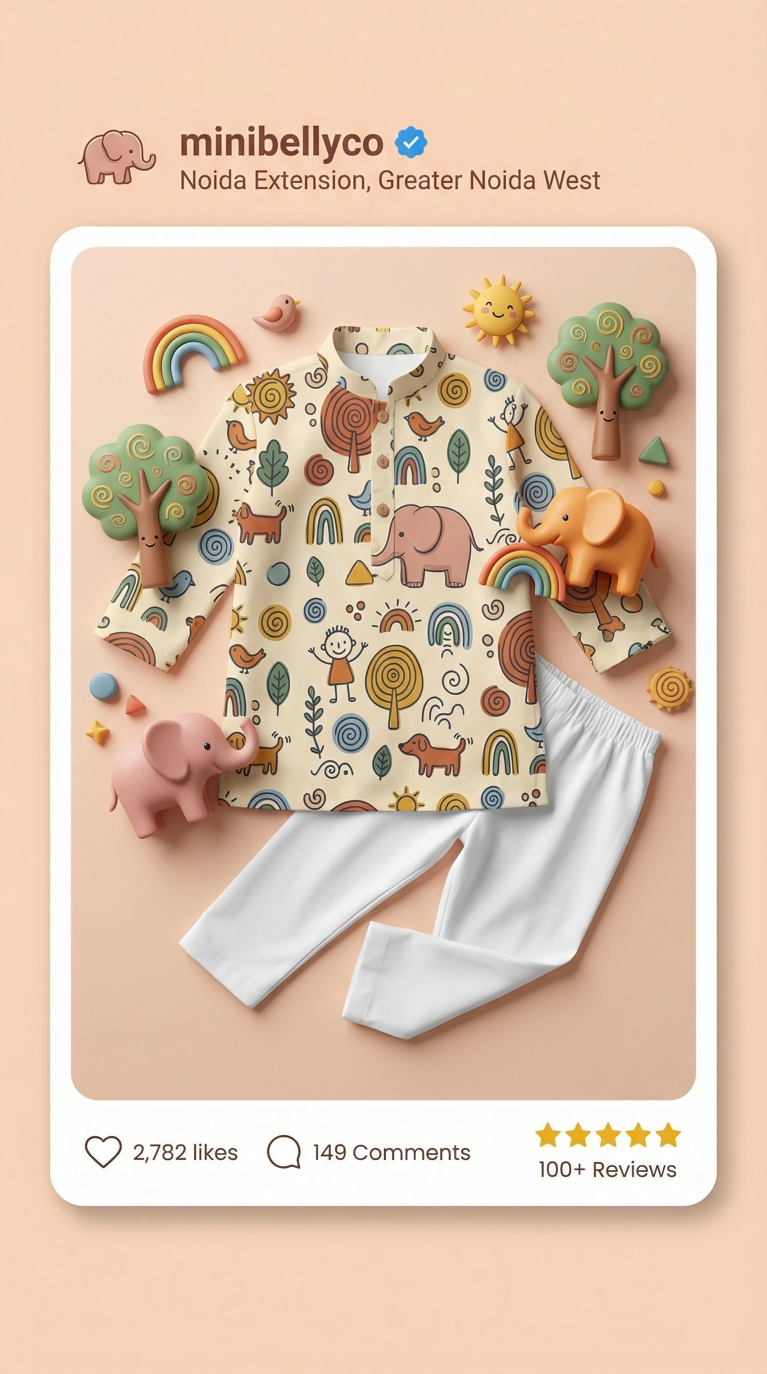 MiniBelly Kurta Pajama Set Whimsical hand-drawn doodle pattern featuring kids, animals, and nature elements 100% Cotton - minibelly