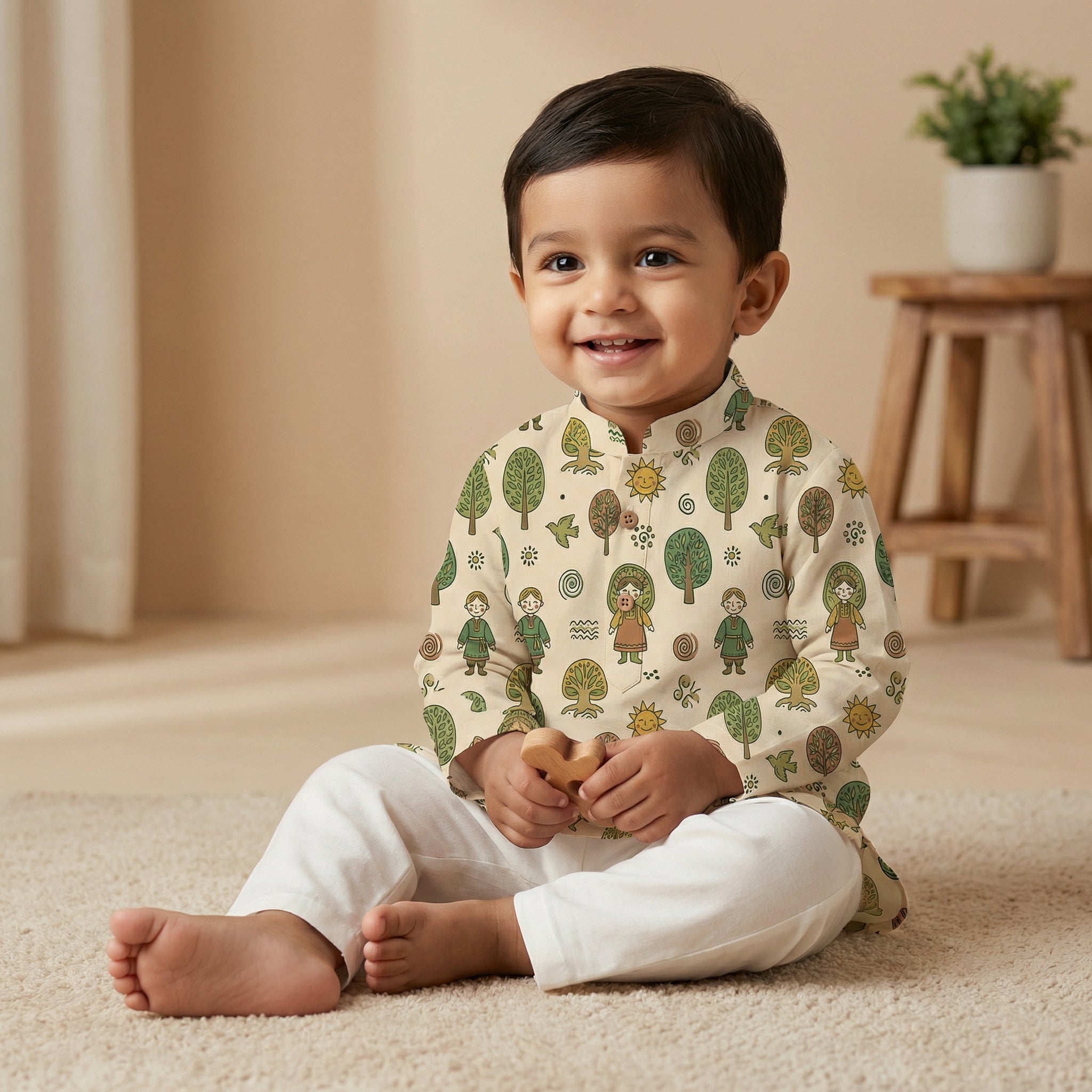 MiniBelly Kurta Pajama Set Folk art pattern featuring children, stylized trees, suns, and nature motifs 100% Cotton - minibelly