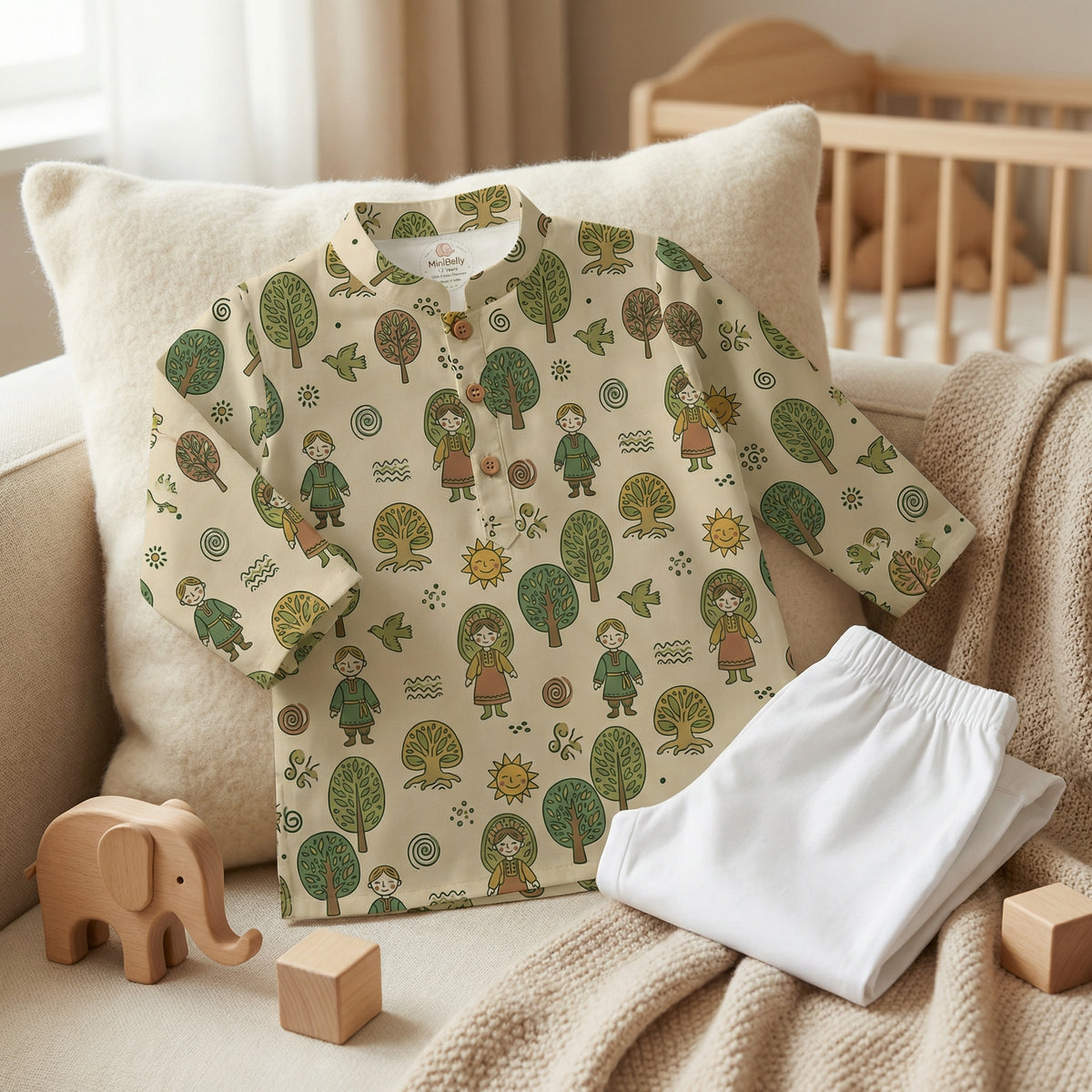 MiniBelly Kurta Pajama Set Folk art pattern featuring children, stylized trees, suns, and nature motifs 100% Cotton - minibelly