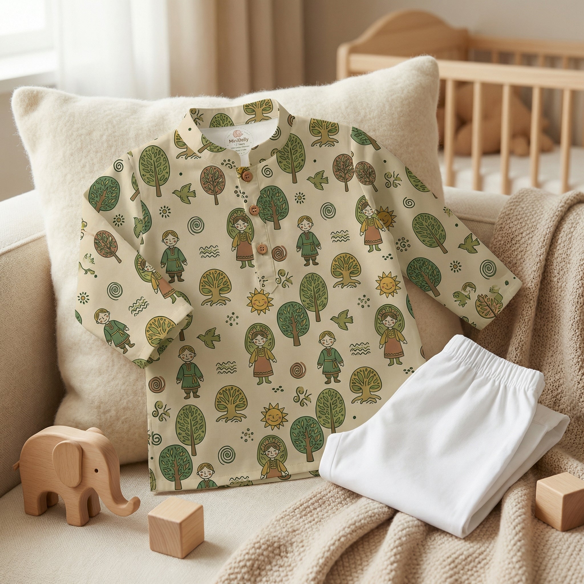 MiniBelly Kurta Pajama Set Folk art pattern featuring children, stylized trees, suns, and nature motifs 100% Cotton - minibelly