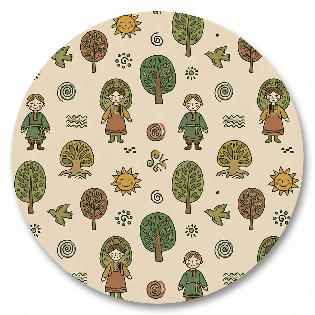 MiniBelly Kurta Pajama Set Folk art pattern featuring children, stylized trees, suns, and nature motifs 100% Cotton - minibelly