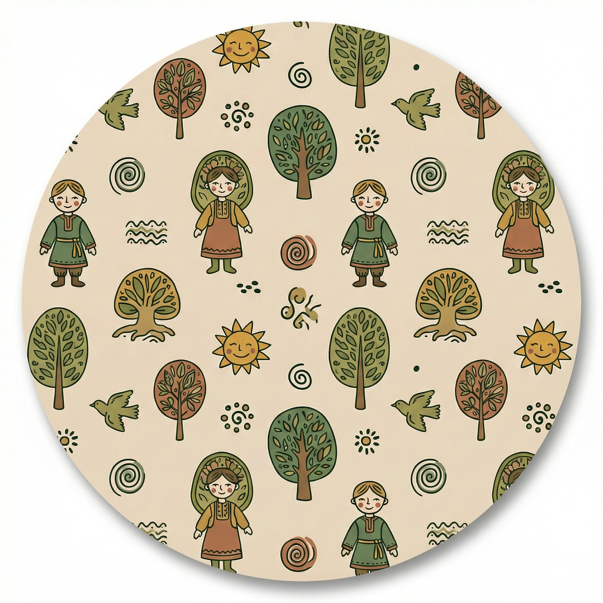 MiniBelly Kurta Pajama Set Folk art pattern featuring children, stylized trees, suns, and nature motifs 100% Cotton - minibelly