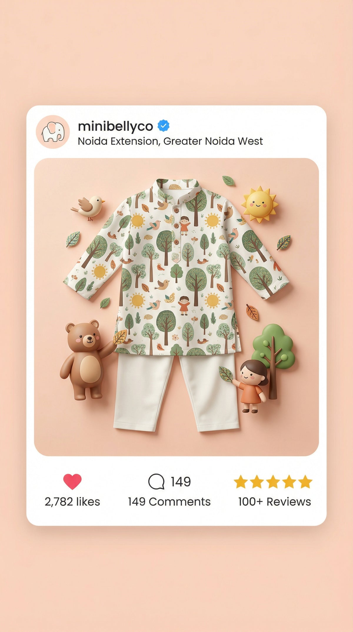 MiniBelly Kurta Pajama Set Folk art pattern featuring children, stylized trees, suns, and nature motifs 100% Cotton - minibelly