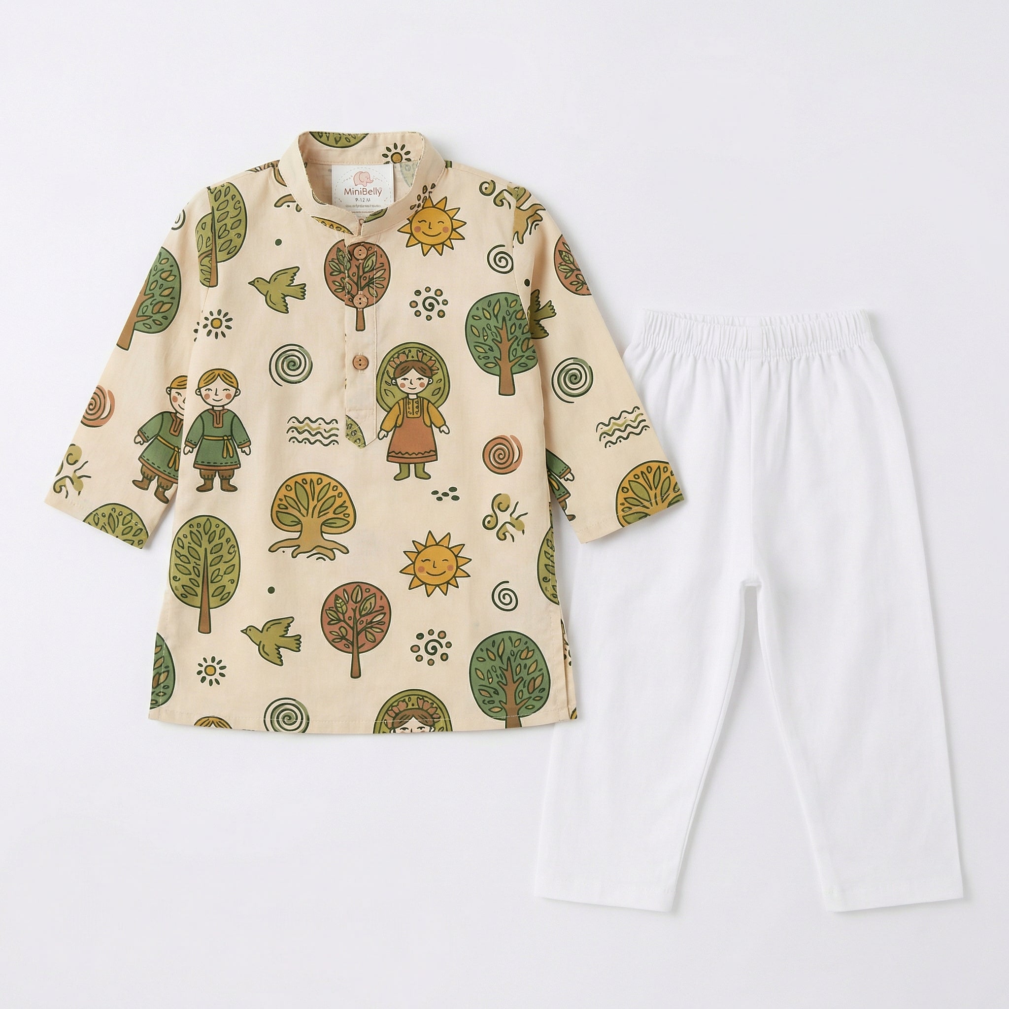 MiniBelly Kurta Pajama Set Folk art pattern featuring children, stylized trees, suns, and nature motifs 100% Cotton - minibelly