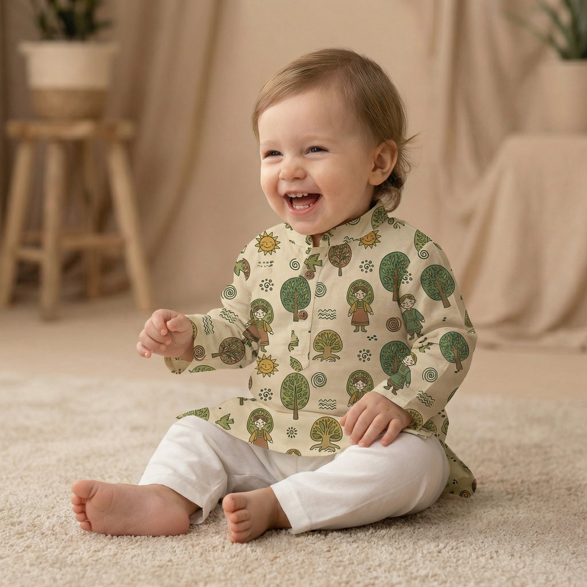 MiniBelly Kurta Pajama Set Folk art pattern featuring children, stylized trees, suns, and nature motifs 100% Cotton - minibelly