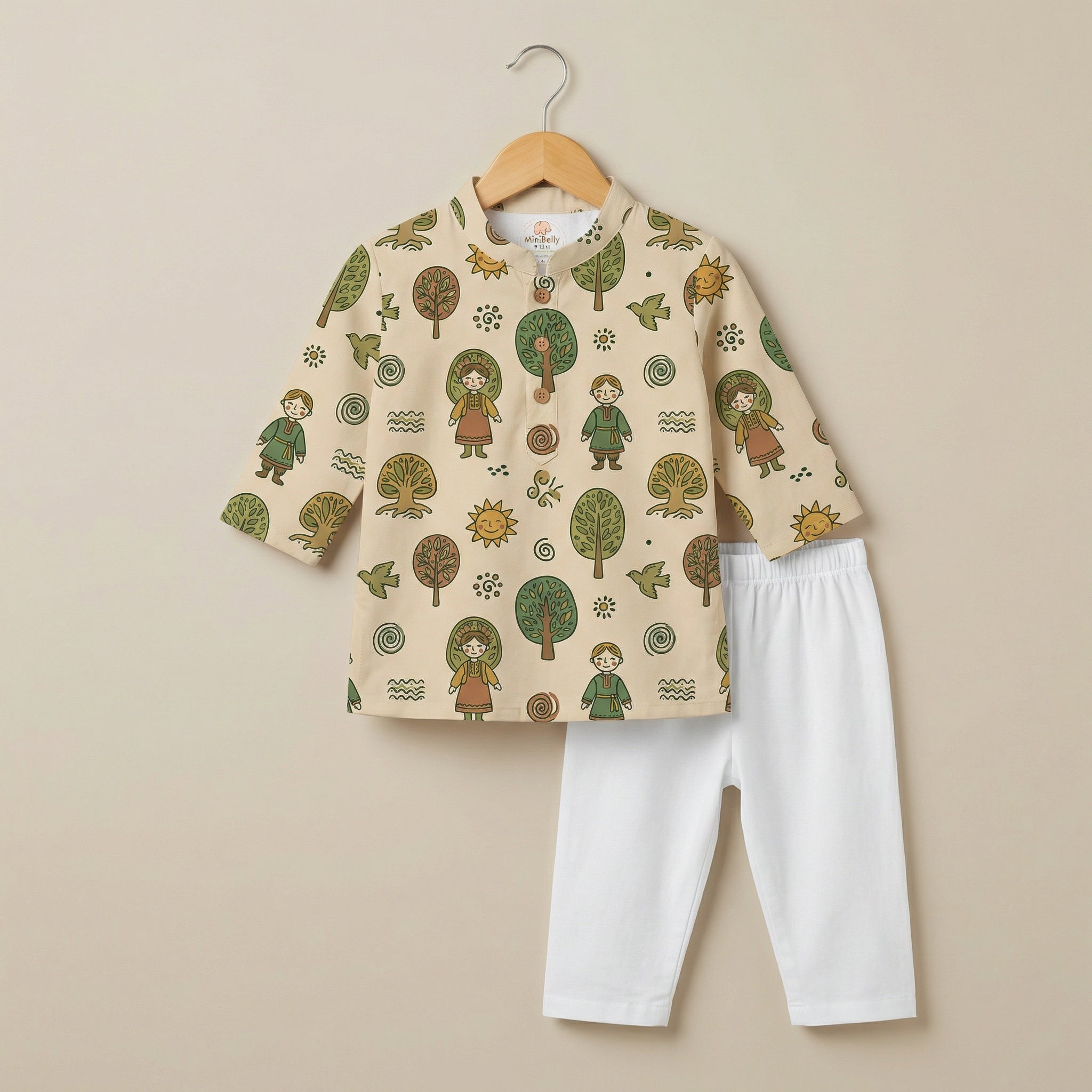 MiniBelly Kurta Pajama Set Folk art pattern featuring children, stylized trees, suns, and nature motifs 100% Cotton - minibelly