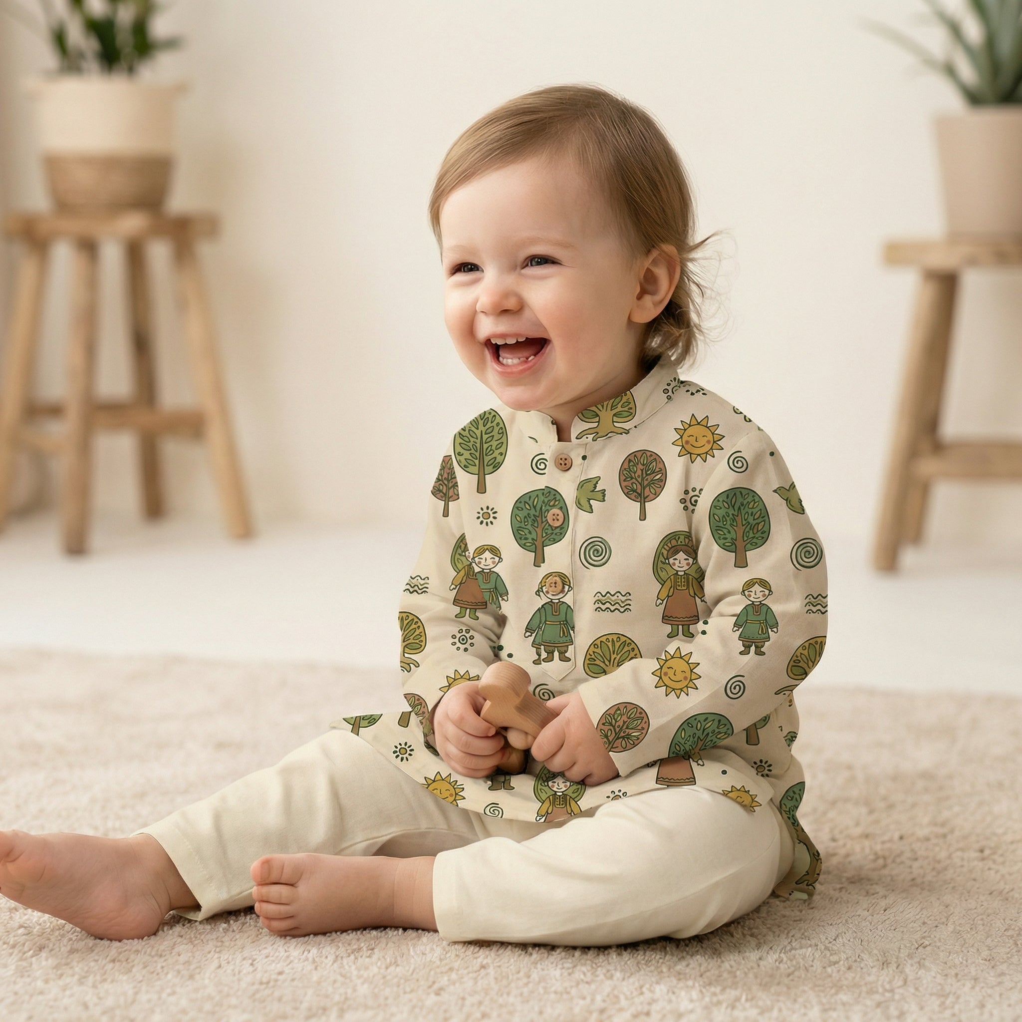 MiniBelly Kurta Pajama Set Folk art pattern featuring children, stylized trees, suns, and nature motifs 100% Cotton - minibelly