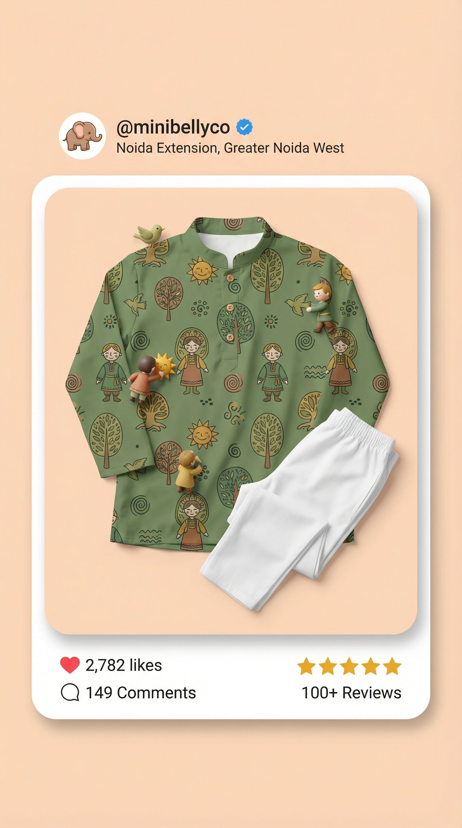 MiniBelly Kurta Pajama Set Folk art pattern featuring children, stylized trees, suns, and nature motifs 100% Cotton - minibelly