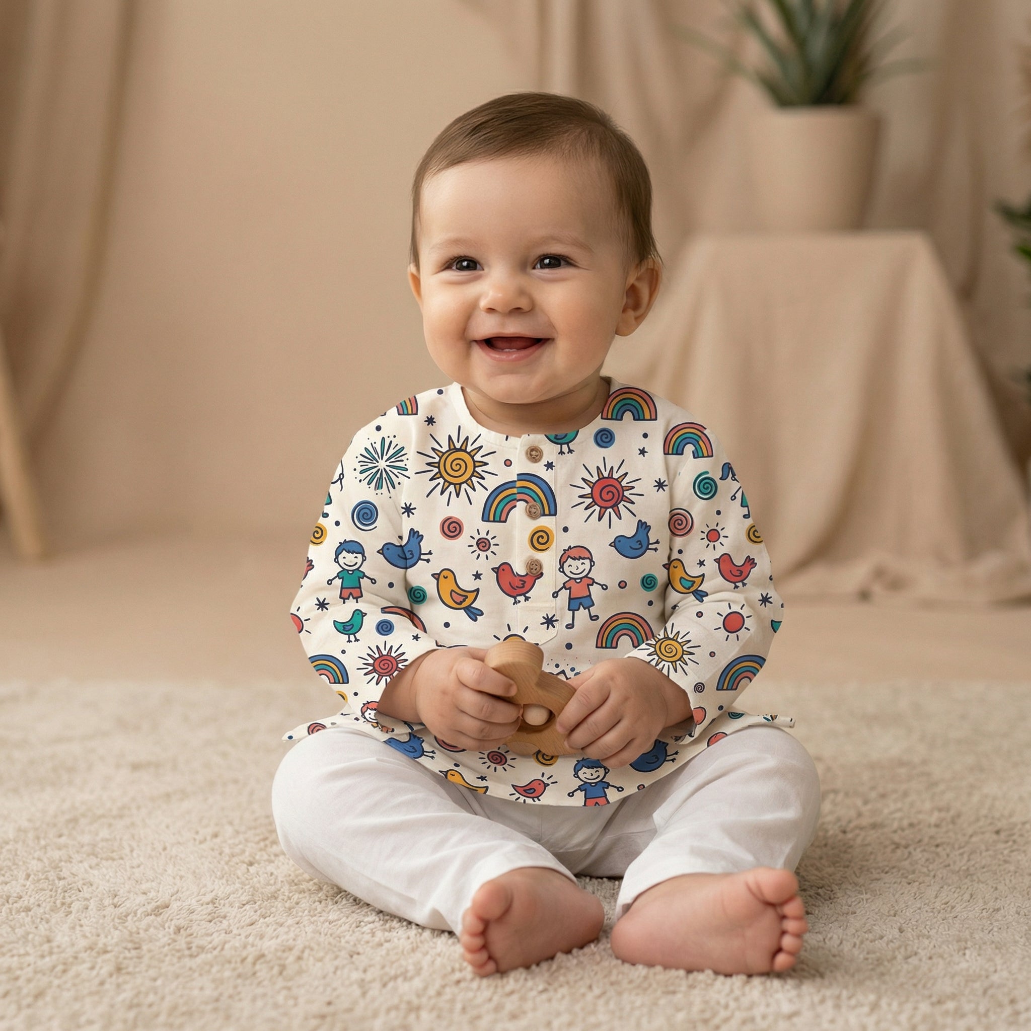 MiniBelly Kurta Pajama Set Whimsical doodle pattern with happy kids, birds, suns, and rainbows 100% Cotton - minibelly