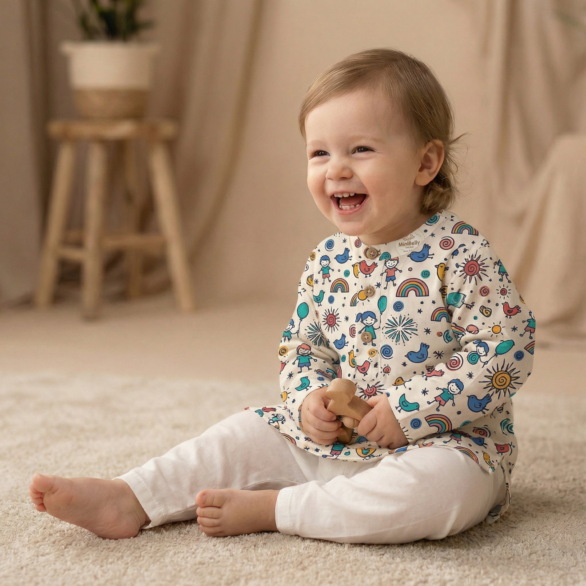 MiniBelly Kurta Pajama Set Whimsical doodle pattern with happy kids, birds, suns, and rainbows 100% Cotton - minibelly