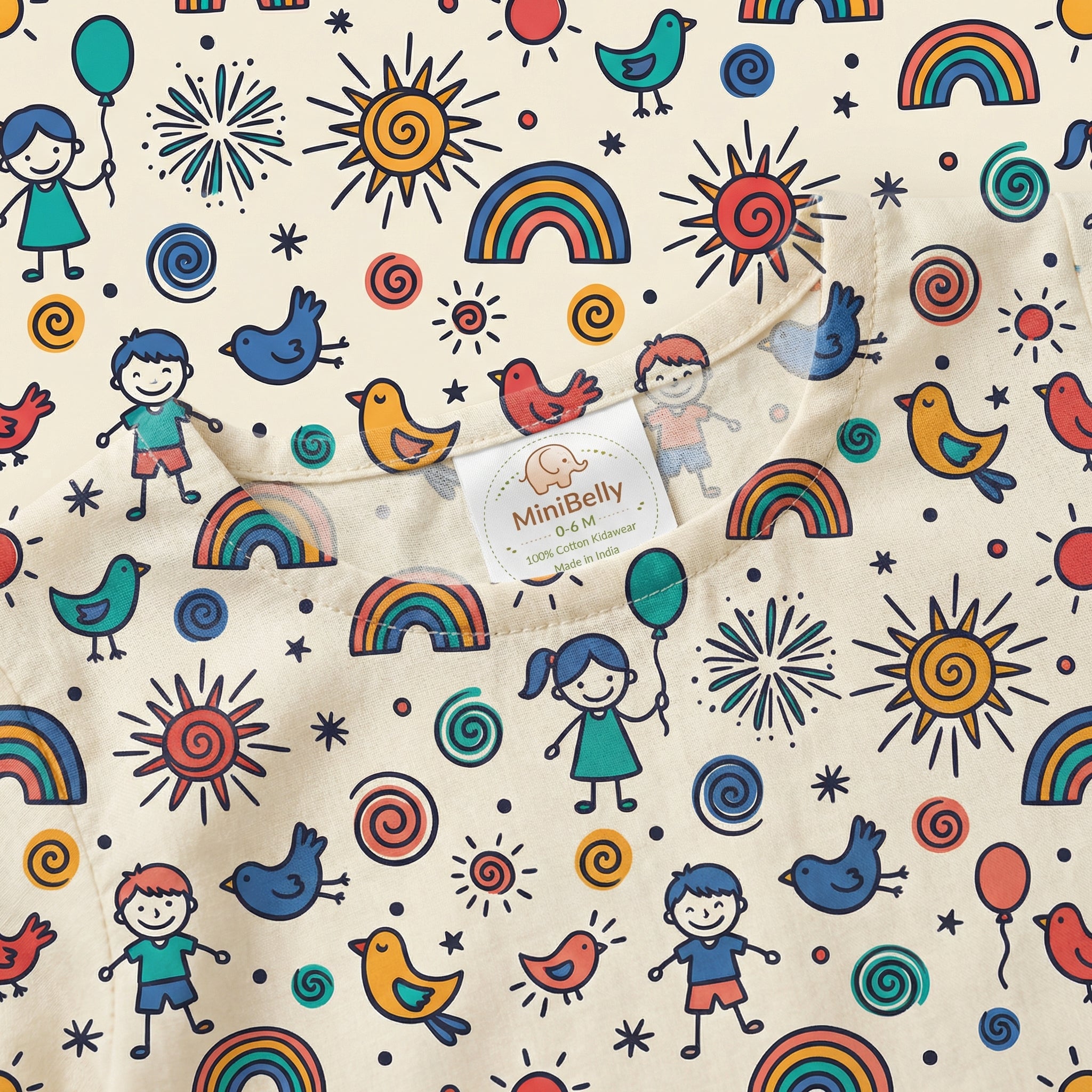 MiniBelly Kurta Pajama Set Whimsical doodle pattern with happy kids, birds, suns, and rainbows 100% Cotton - minibelly