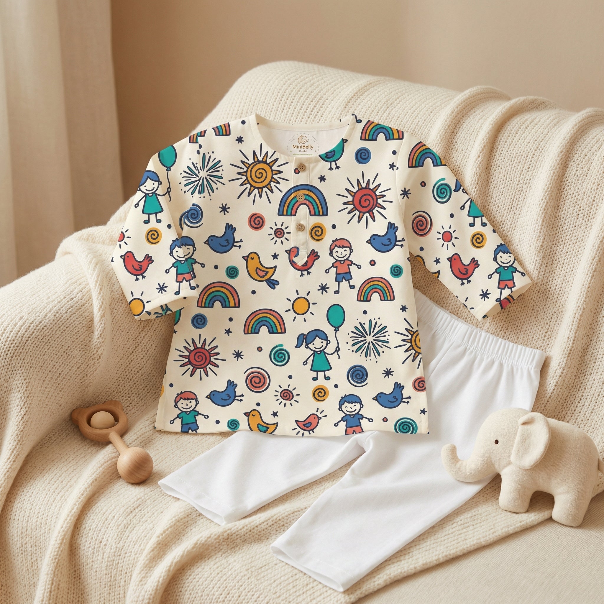 MiniBelly Kurta Pajama Set Whimsical doodle pattern with happy kids, birds, suns, and rainbows 100% Cotton - minibelly