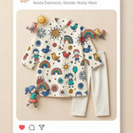 MiniBelly Kurta Pajama Set Whimsical doodle pattern with happy kids, birds, suns, and rainbows 100% Cotton - minibelly
